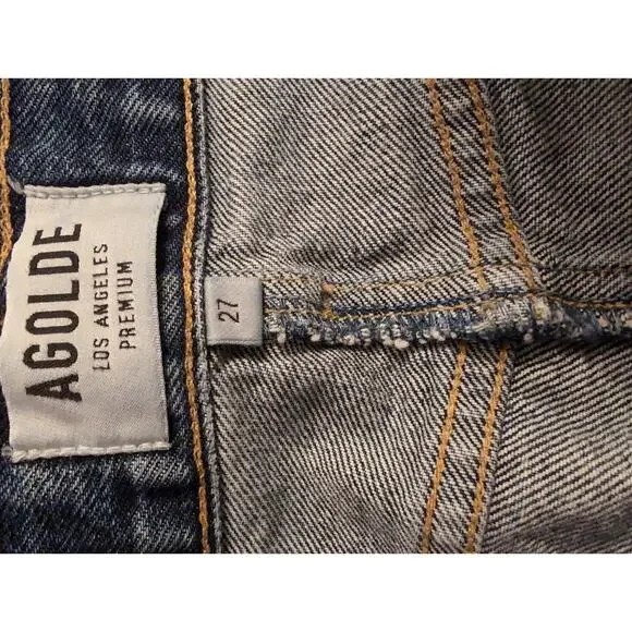 AGOLDE Distressed Denim Mini Skirt Raw Hem Y2K High Rise Festival Size 27 - Picture 5 of 9